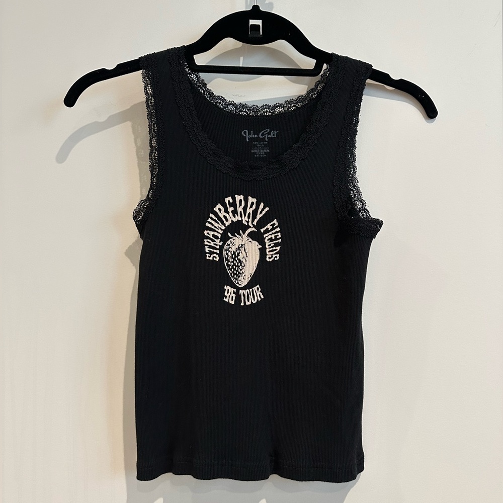 Brandy Melville Black Graphic Rib w/Lace Trim Tank Top, EUC